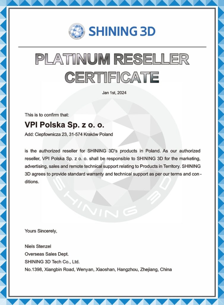 certyfikat Platinium Reseller Shining 3D skanery 3D